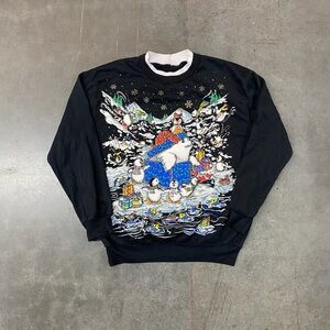 VTG Christmas Sweatshirt Polar Bear Penguins Graphic Crewneck Mens Large